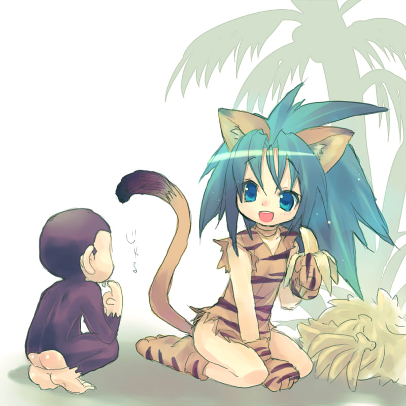 wanko (pixiv), wanko (takohati8), cham cham, paku paku, samurai spirits, snk, 1girl, animal ears, animal hands, ass, banana, blue eyes, cat ears, cat tail, eating, food, fruit, gloves, green hair, holding, holding food, holding fruit, kneeling, long hair, monkey, paw gloves, paw shoes, shoes, smile, tail