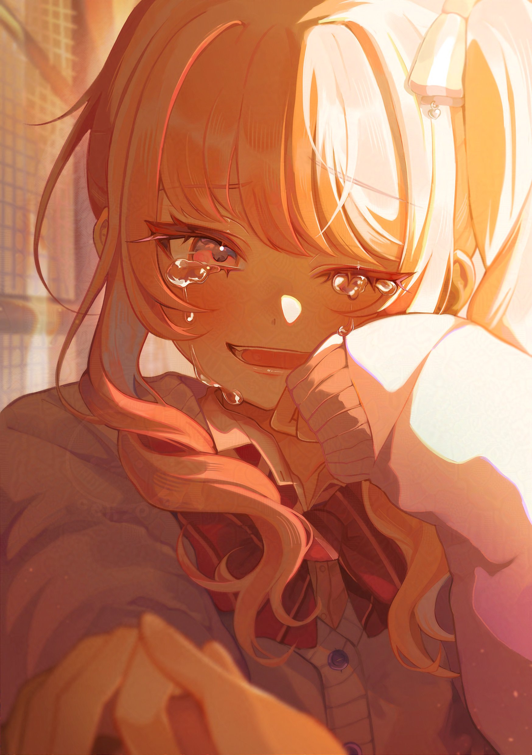 tehnyo, akiyama mizuki, project sekai, absurdres, commentary, highres, 1other, blush, bow, cardigan, crying, crying with eyes open, eyelashes, happy tears, holding hands, long hair, long sleeves, looking at viewer, one eye closed, open mouth, other focus, pink eyes, pink hair, portrait, pov, pov hands, shirt, side ponytail, sidelighting, sidelocks, sleeves past wrists, smile, solo focus, sunlight, tears, wiping tears