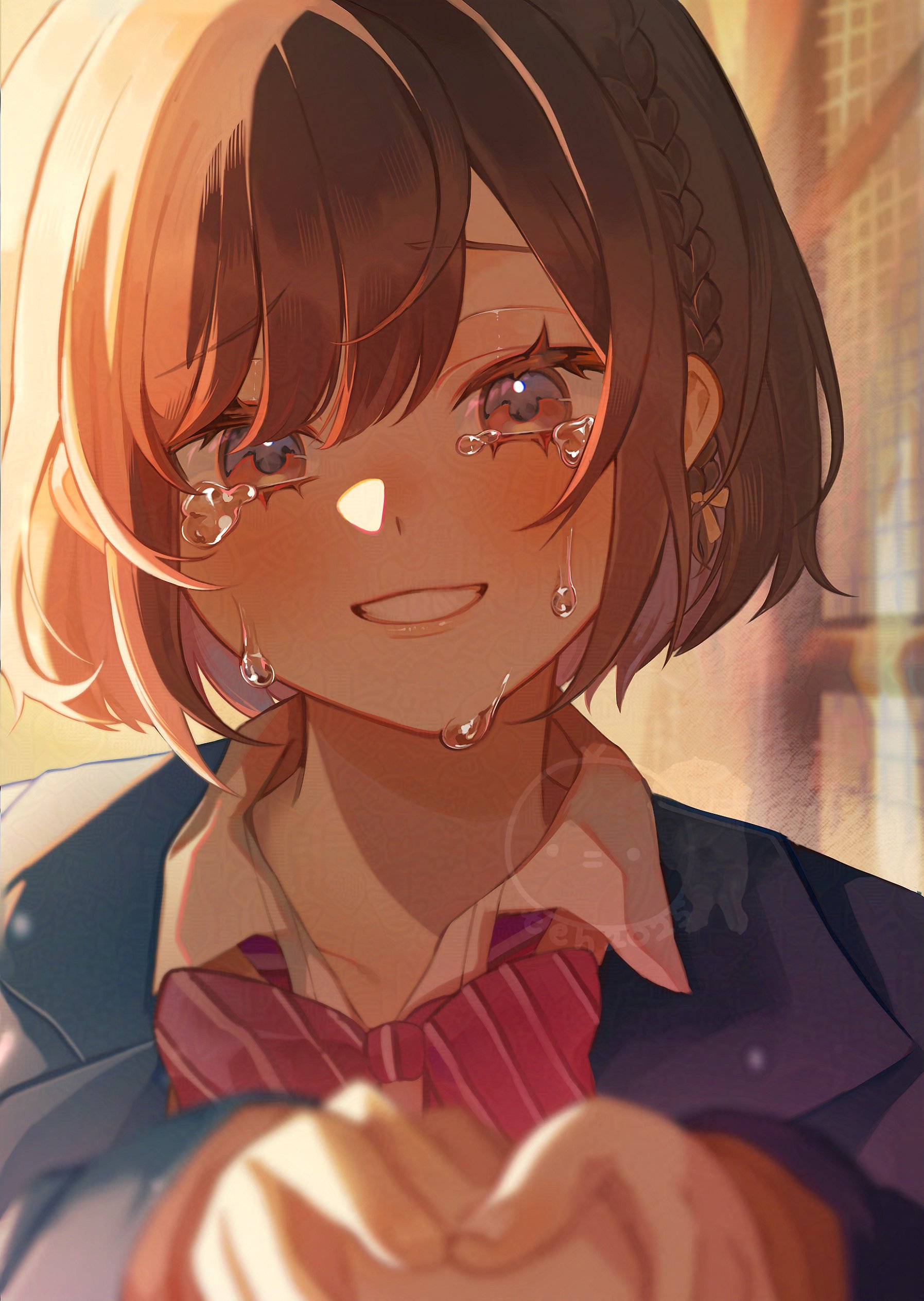 tehnyo, shinonome ena, project sekai, absurdres, commentary, highres, 1girl, blue jacket, blurry, blush, bow, braid, brown eyes, brown hair, collared shirt, crying, crying with eyes open, depth of field, diagonal-striped bow, eyelashes, grin, happy tears, jacket, long sleeves, looking at viewer, portrait, pov, pov hands, school uniform, shirt, short hair, side braid, sidelighting, smile, solo focus, striped bow, sunlight, tears, teeth, watermark