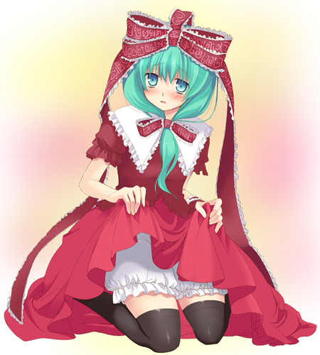 tanabe, kagiyama hina, touhou, lowres, 1girl, black thighhighs, bloomers, clothes lift, female focus, front ponytail, green eyes, green hair, hair ribbon, long hair, matching hair/eyes, ribbon, skirt, skirt lift, solo, thighhighs, underwear