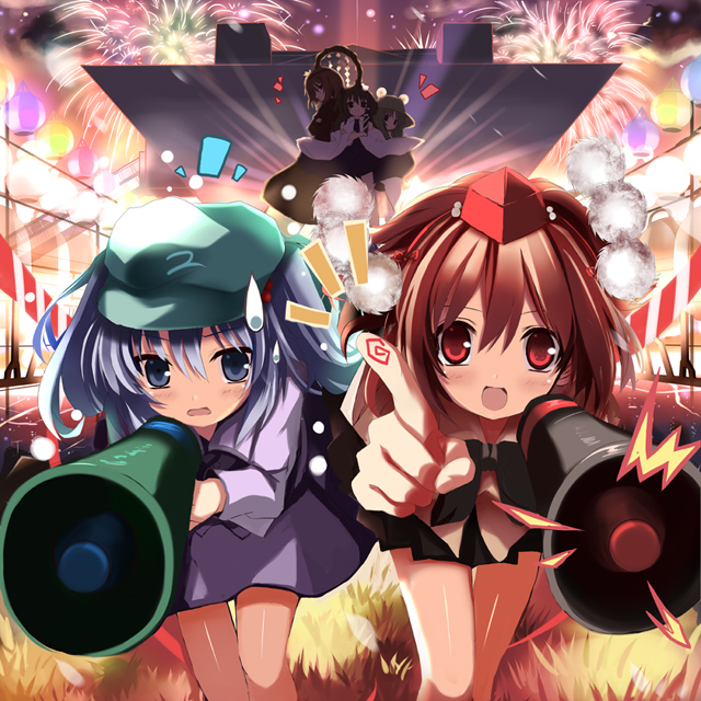 shino (eefy), kawashiro nitori, kochiya sanae, moriya suwako, shameimaru aya, yasaka kanako, tokyo big sight, touhou, 5girls, aerial fireworks, female focus, fireworks, hat, lantern, megaphone, multiple girls, sweatdrop, tokin hat, two side up