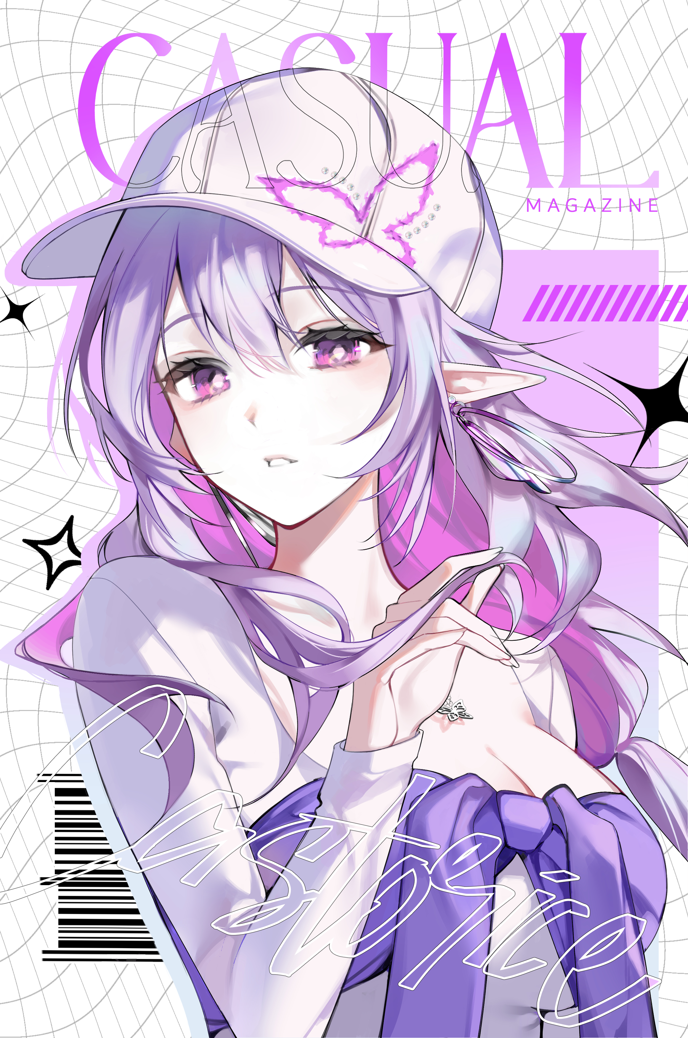 nod2 u, castorice (honkai: star rail), honkai: star rail, honkai (series), absurdres, hashtag-only commentary, highres, 1girl, alternate costume, barcode, baseball cap, breasts, cleavage, cover, dress, english text, fake magazine cover, hat, large breasts, long hair, magazine cover, parted lips, pointy ears, purple eyes, purple hair, solo, upper body, very long hair, white dress