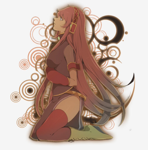 akishima kei, megurine luka, vocaloid, 1girl, ankle boots, blue hair, boots, female focus, from side, full body, gloves, hairband, headphones, kneeling, long hair, looking afar, pink hair, red gloves, red thighhighs, simple background, solo, thighhighs, thighs, very long hair, white background, zettai ryouiki