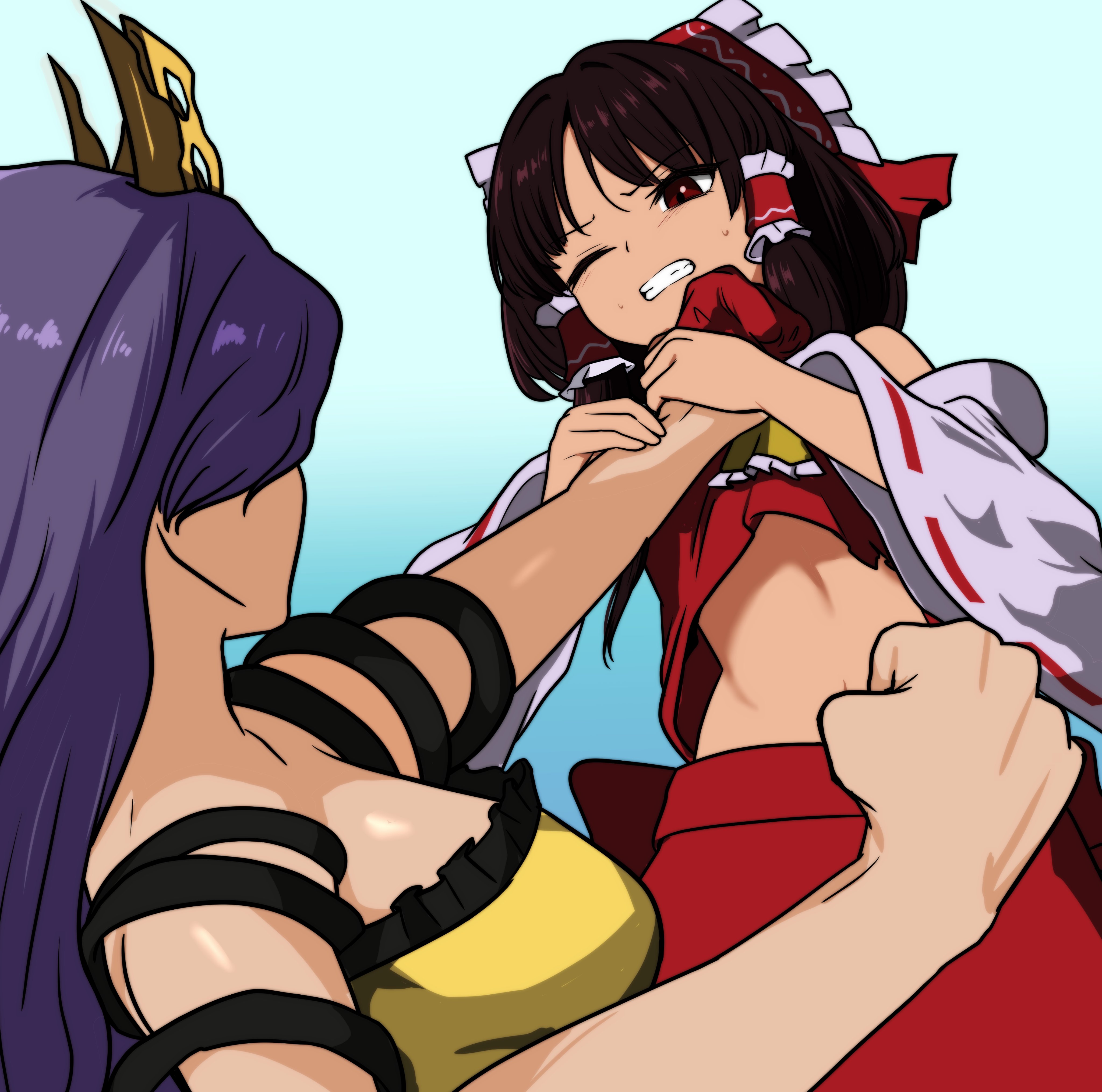 monadmandara, chirizuka ubame, hakurei reimu, fossilized wonders, touhou, absurdres, commentary request, highres, 2girls, bare arms, bow, brown hair, clenched hand, clenched teeth, dress, frilled hair tubes, frills, hair tubes, long hair, medium hair, midriff, multiple girls, navel, purple hair, red bow, red eyes, red shirt, red skirt, shirt, skirt, stomach, teeth, very long hair, yellow dress