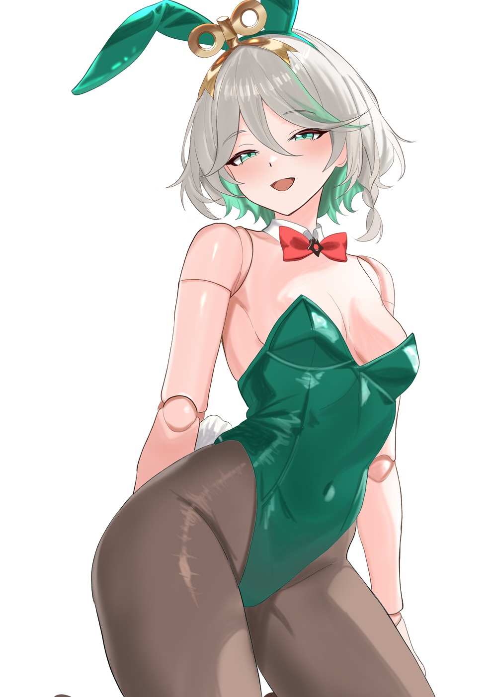 rijeka1918, cecilia immergreen, hololive, hololive english, highres, 1girl, :d, alternate costume, animal ear hairband, animal ears, arm behind back, bare arms, bare shoulders, black pantyhose, bow, bowtie, braid, breasts, cleavage, colored inner hair, covered navel, detached collar, doll, doll joints, double-parted bangs, fake animal ears, fake tail, green eyes, green hair, green leotard, grey hair, hair between eyes, hair ornament, hairband, highleg, highleg leotard, joints, leotard, looking at viewer, multicolored hair, open mouth, pantyhose, playboy bunny, rabbit ear hairband, rabbit ears, rabbit tail, red bow, red bowtie, short hair, side braid, simple background, single braid, small breasts, smile, solo, strapless, strapless leotard, streaked hair, tail, virtual youtuber, white background, winding key