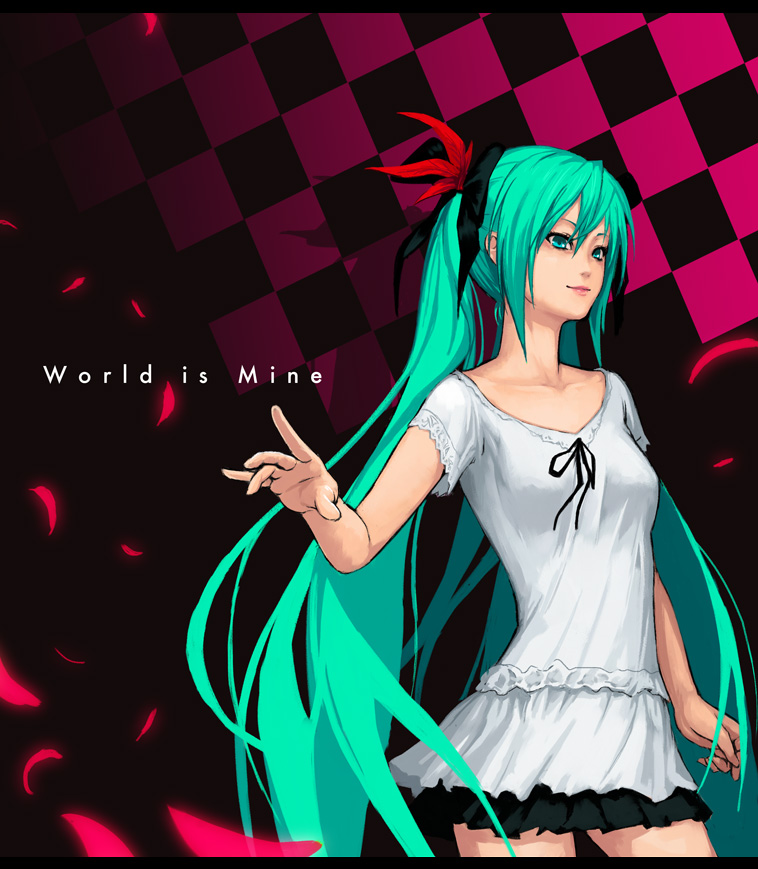yuuji (and), hatsune miku, vocaloid, world is mine (vocaloid), bad id, bad pixiv id, 1girl, aqua eyes, aqua hair, dress, feathers, female focus, hair ornament, long hair, ribbon, skirt, smile, solo, twintails, very long hair, white dress, white skirt