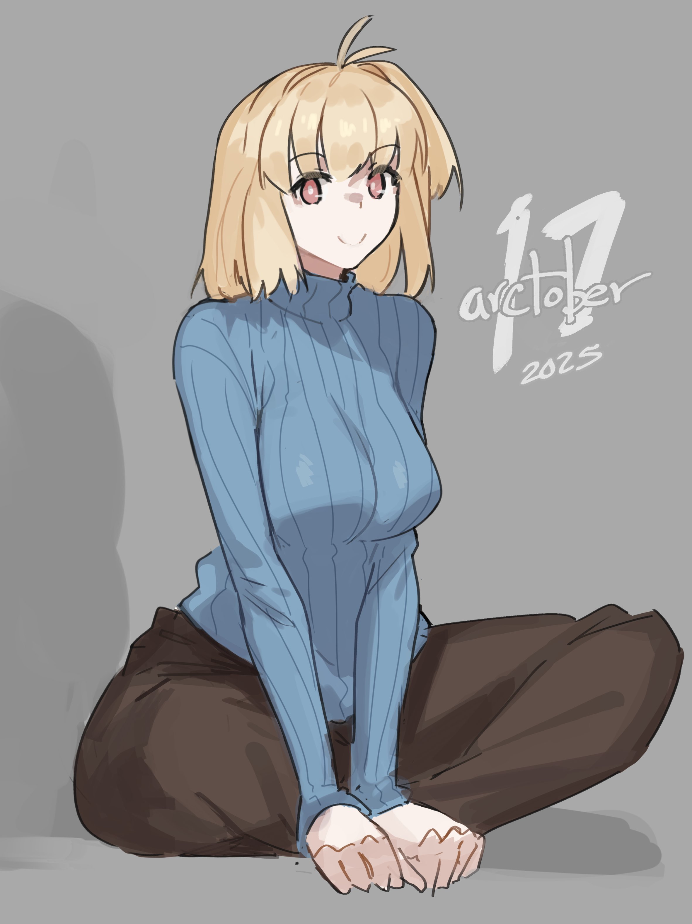 jonyeld, arcueid brunestud, tsukihime, absurdres, highres, 1girl, blonde hair, blue sweater, breasts, dated, full body, grey background, large breasts, red eyes, short hair, simple background, solo, sweater