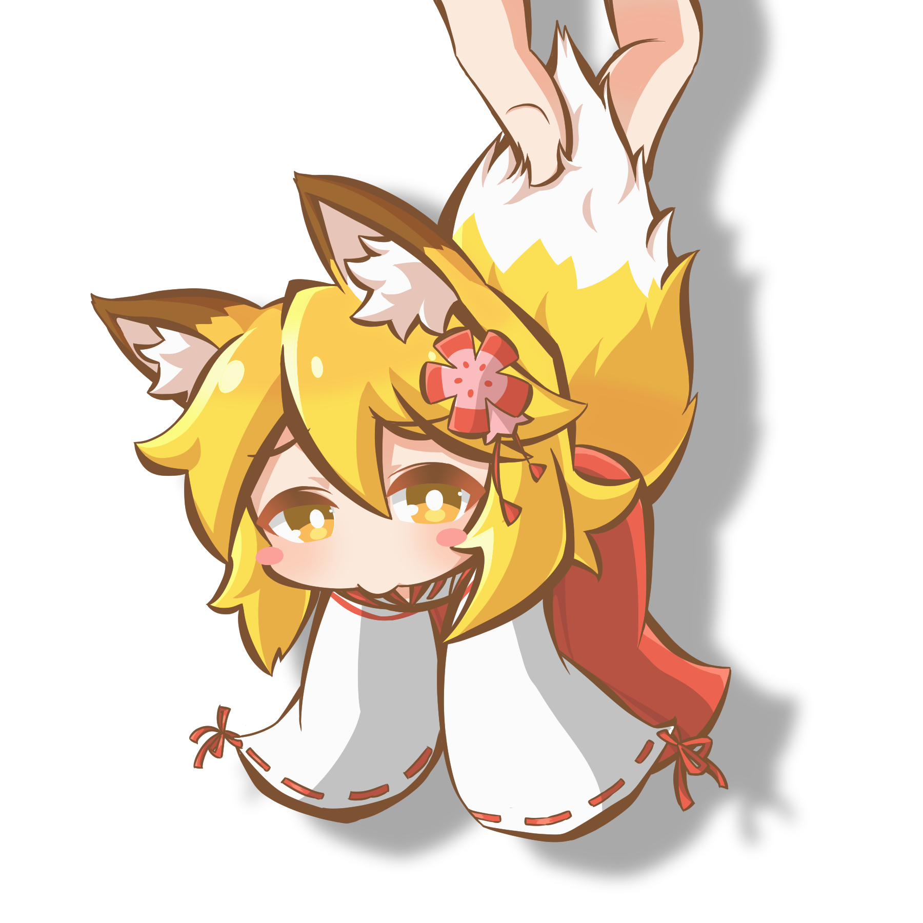 k.u.n.e., senko (sewayaki kitsune no senko-san), sewayaki kitsune no senko-san, commentary request, highres, 1girl, animal ear fluff, animal ears, blonde hair, blush, chibi, chibi only, flower, fox ears, fox girl, fox tail, hair between eyes, hair flower, hair ornament, hanging, holding, japanese clothes, kimono, long sleeves, looking at viewer, miko, out of frame, ribbon trim, shadow, short hair, simple background, solo, tail, white background, wide sleeves, yellow eyes