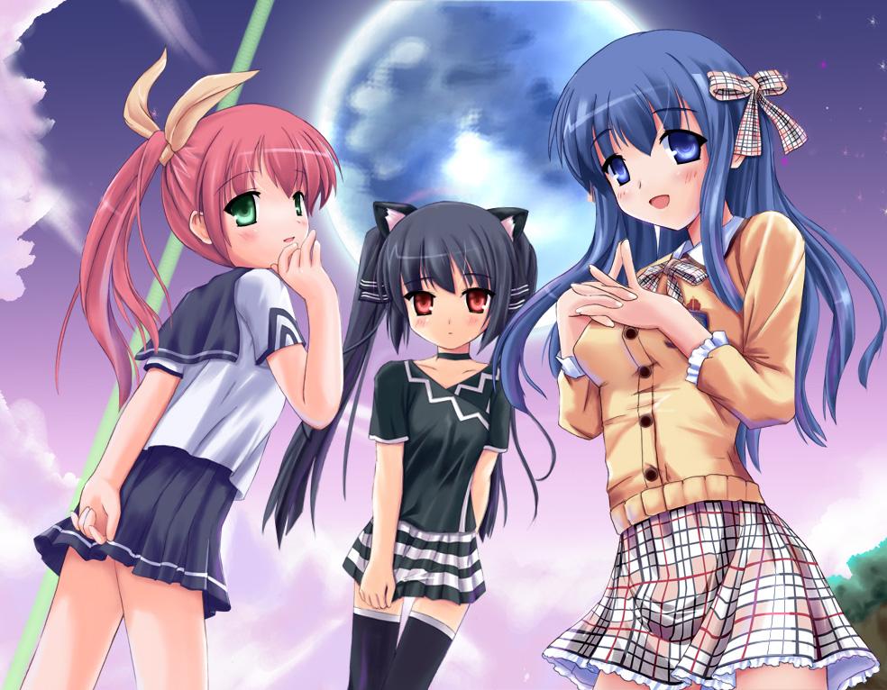 hana, niiya, arin (pangya), hana (pangya), kooh (pangya), pangya, 3girls, animal ears, black hair, blue eyes, blue hair, cat ears, green eyes, long hair, multiple girls, pink hair, ponytail, red eyes, ribbon, school uniform, skirt, skirt tug, thighhighs, twintails, zettai ryouiki