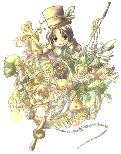 kouji (re.m.er), frederic chopin (trusty bell), trusty bell, 2boys, animal, banner, bat (animal), bird, brown eyes, brown hat, chain, closed mouth, creature, crystal, english text, green eyes, hat, instrument, long sleeves, looking at viewer, male focus, multiple boys, mushroom, orange eyes, shield, smile, staff, sweat, top hat, tree, upper body