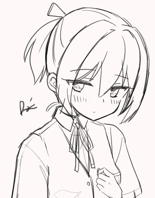 r-king, shiranui (kancolle), kantai collection, dress shirt, lineart, looking at viewer, monochrome, neck ribbon, ponytail, ribbon, shirt, short hair, signature, sketch, upper body, vest