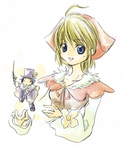 kouji (re.m.er), frederic chopin (trusty bell), polka (trusty bell), trusty bell, lowres, 1boy, 1girl, :d, ahoge, blonde hair, blue eyes, chibi, headscarf, mini person, miniboy, open mouth, pink headscarf, short hair, simple background, size difference, smile, upper body, white background