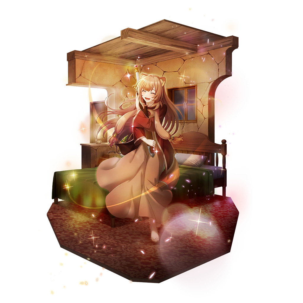 raphtalia, tate no yuusha no nariagari, tate no yuusha no nariagari rerise, artist request, game cg, official art, 1girl, :d, ^ ^, animal ear fluff, animal ears, barefoot, bed, blush, brown hair, brown skirt, closed eyes, facing viewer, full body, holding, holding sword, holding weapon, hugging object, indoors, jacket, kerosene lamp, long hair, long sleeves, metal hair tubes, open mouth, raccoon ears, raccoon girl, raccoon tail, red carpet, red jacket, scabbard, sheath, sheathed, simple background, skirt, smile, solo, standing, straight hair, sword, tail, tongue, transparent background, weapon, wide sleeves, window