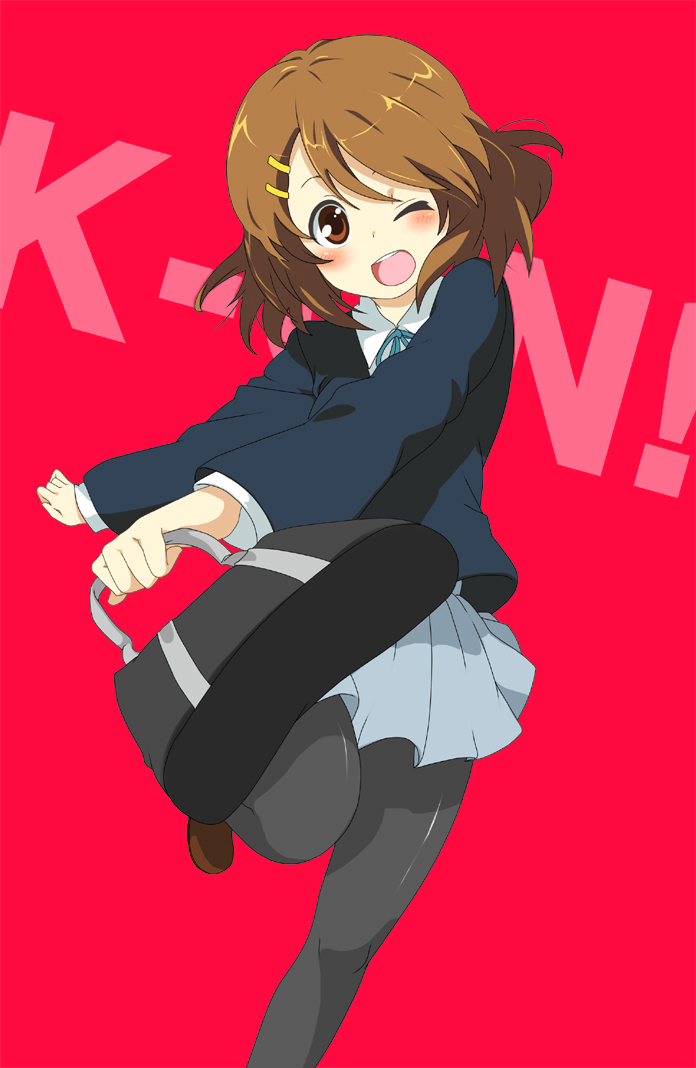 mitsuki meia, hirasawa yui, k-on!, 00s, 1girl, bag, blush, brown eyes, brown hair, dot nose, female focus, looking at viewer, medium hair, one eye closed, open mouth, pantyhose, round teeth, sakuragaoka high school uniform, school bag, school uniform, solo, teeth, wink