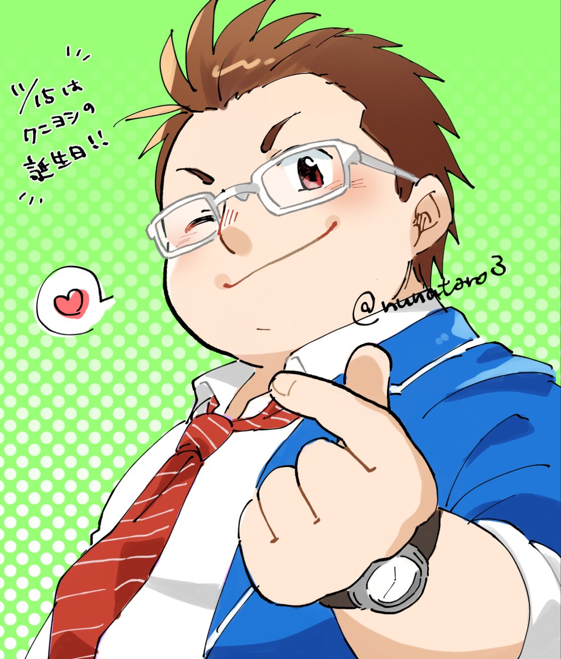 nunutarou, etogawa kuniyoshi, tokyo houkago summoners, highres, translation request, 1boy, blazer, blue jacket, brown hair, closed mouth, collared shirt, diagonal-striped clothes, diagonal-striped necktie, dress shirt, finger heart, green background, heart, jacket, male focus, necktie, one eye closed, red eyes, red necktie, school uniform, shirt, smile, solo, spoken heart, striped clothes, twitter username, v-shaped eyebrows, watch, white-framed eyewear, white shirt, wristwatch