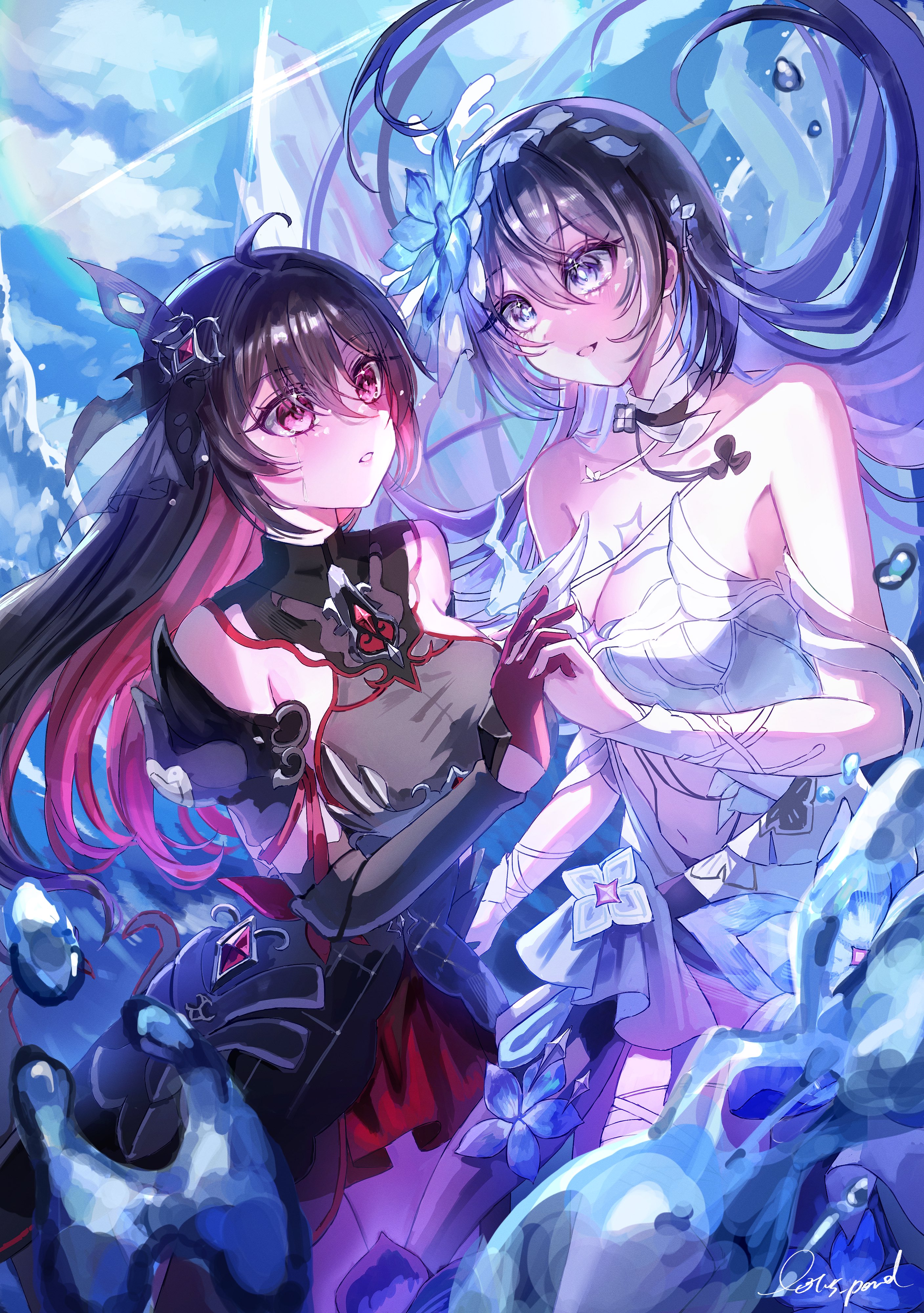 316 lp, seele (alter ego), seele vollerei, seele vollerei (herrscher of rebirth), seele vollerei (starchasm nyx), honkai (series), honkai impact 3rd, absurdres, highres, 2girls, ahoge, bare shoulders, black dress, black hair, blue eyes, blue hair, breasts, cleavage, colored inner hair, dress, dual persona, gloves, interlocked fingers, large breasts, looking at another, multicolored hair, multiple girls, red eyes, red gloves, red hair, see-through cleavage, see-through clothes, two-tone hair, white dress