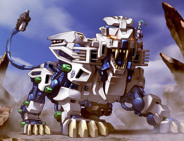 mercy rabbit, liger blue souga, liger zero, midori (zoids generations), zoids, zoids generations, zoids genesis, 00s, 1girl, blue hair, claws, dust, female focus, glowing, glowing eyes, lion, mecha, robot, scar, scar across eye, scar on face, solo, tail, teeth