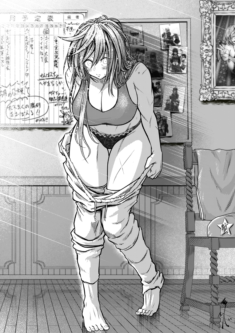 koyubi (littlefinger1988), hong meiling, touhou, 1girl, barefoot, beret, blush, breasts, chair, cleavage, clothes on chair, clothes pull, dressing, full body, greyscale, hat, hat ornament, indoors, lace, lace-trimmed panties, lace trim, large breasts, long hair, looking at viewer, monochrome, multiple scars, panties, pants, pants pull, picture frame, scar, sports bra, star (symbol), star hat ornament, thighs, underwear, unworn headwear, walk-in