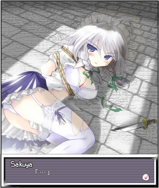 morogami ryou, izayoi sakuya, touhou, silver hair, hard-translated, third-party edit, 1girl, bdsm, blush, bondage, bound, bra, braid, breasts, female focus, knife, lingerie, maid, ribbon, rope, short hair, solo, throwing knife, twin braids, underwear, weapon
