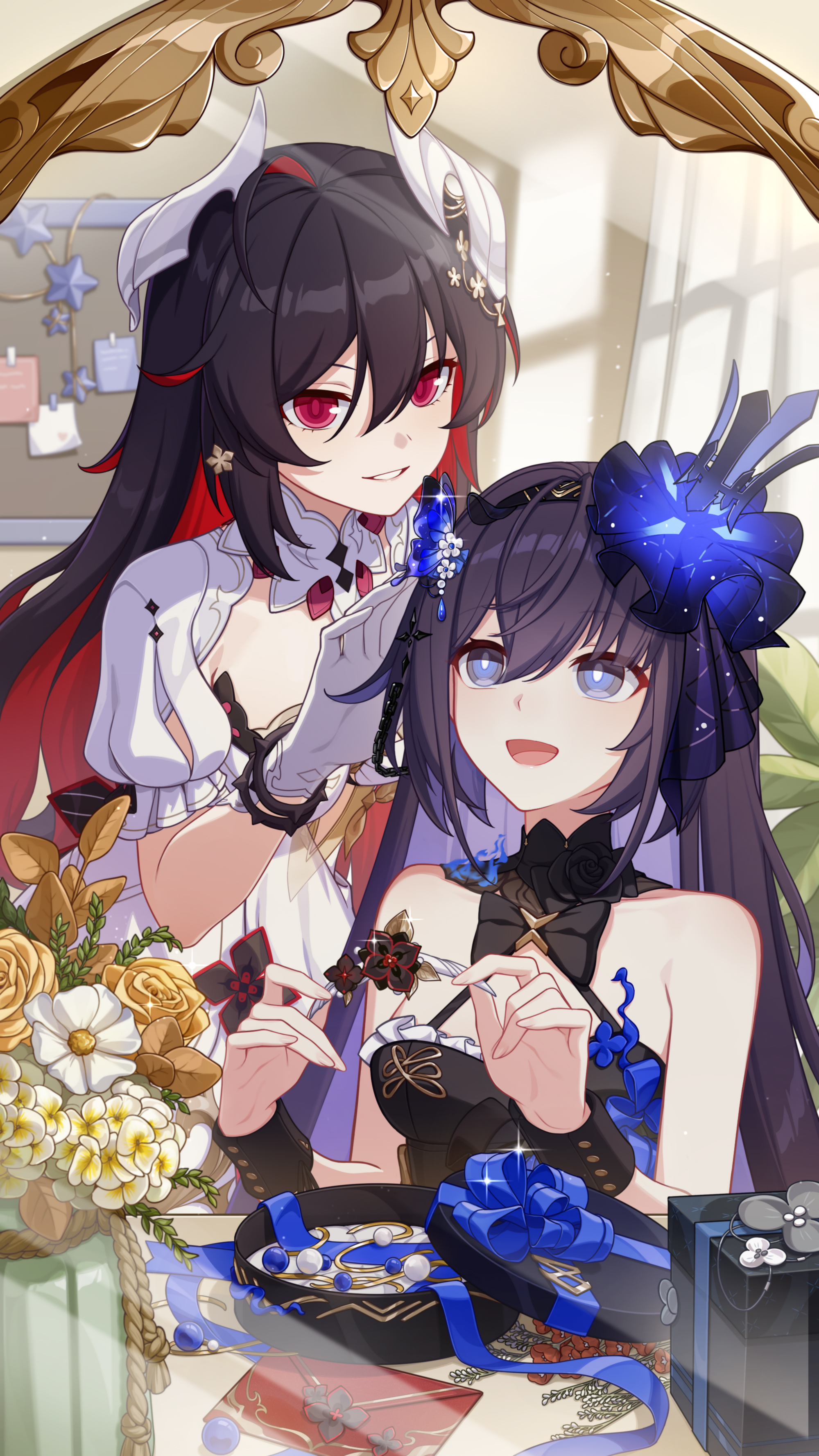 seele (alter ego), seele vollerei, seele vollerei (eternal night's embrace), seele vollerei (herrscher of rebirth), honkai (series), honkai impact 3rd, absurdres, chinese commentary, commentary request, highres, official art, 2girls, bare shoulders, black dress, black hair, blue eyes, blue hair, box, breasts, colored inner hair, dress, dual persona, flower, gift, gift box, gloves, hair ornament, indoors, letter, medium breasts, mirror, multicolored hair, multiple girls, official alternate costume, red eyes, red hair, reflection, rose, two-tone hair, white dress, white flower, white gloves, white rose