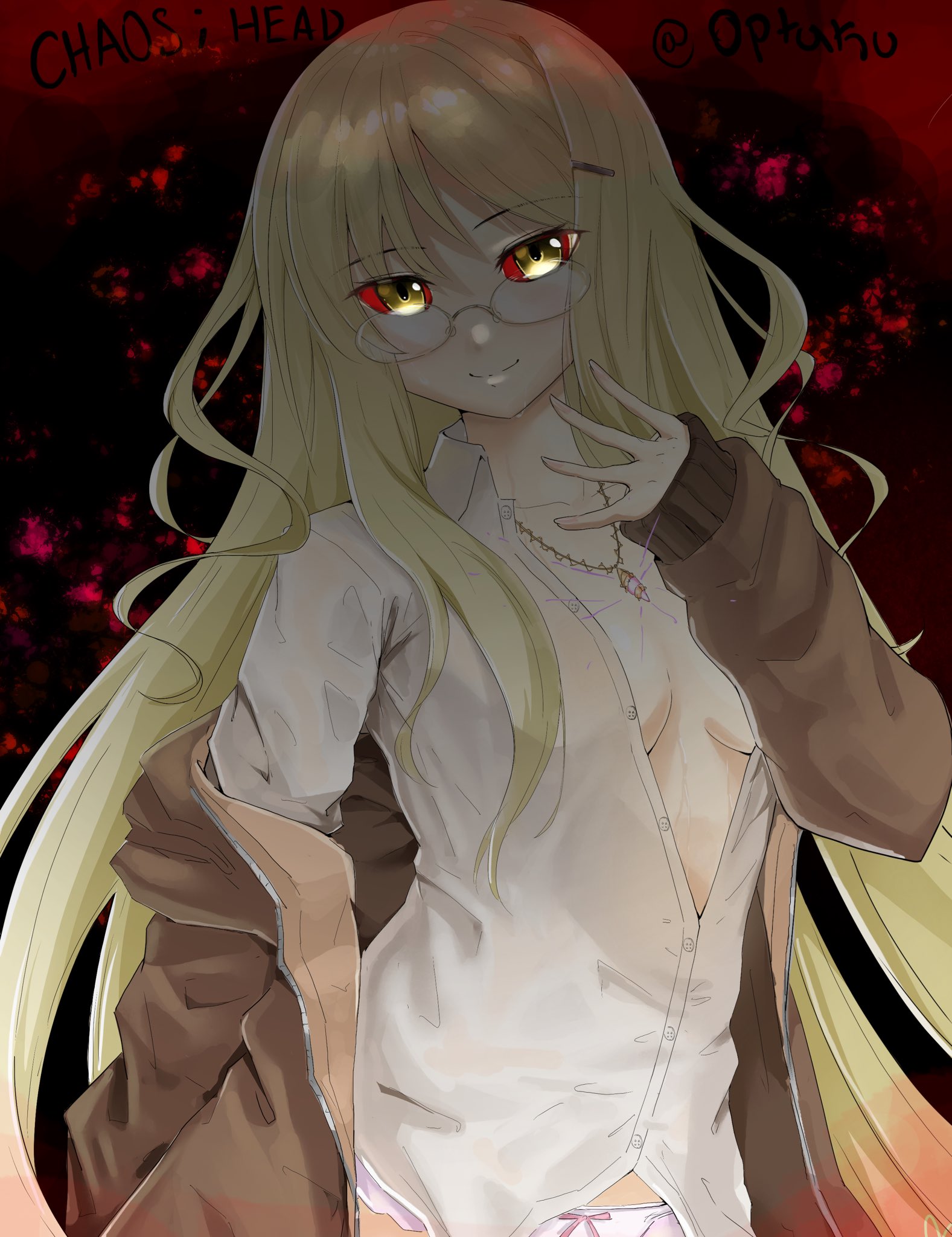 kusunoki yua, chaos;head, science adventure, highres, 1girl, bead necklace, beads, bow, bow panties, breasts, brown jacket, colored sclera, copyright name, dress shirt, evil smile, fingernails, glasses, green eyes, green hair, grin, hair ornament, hairpin, jacket, jacket partially removed, jewelry, long hair, looking at viewer, medium breasts, necklace, open clothes, open shirt, optaku, panties, parted lips, pink nails, red sclera, shirt, smile, solo, teeth, thighs, twitter username, unbuttoned, unbuttoned shirt, underwear, very long hair, water drop, wet, white panties