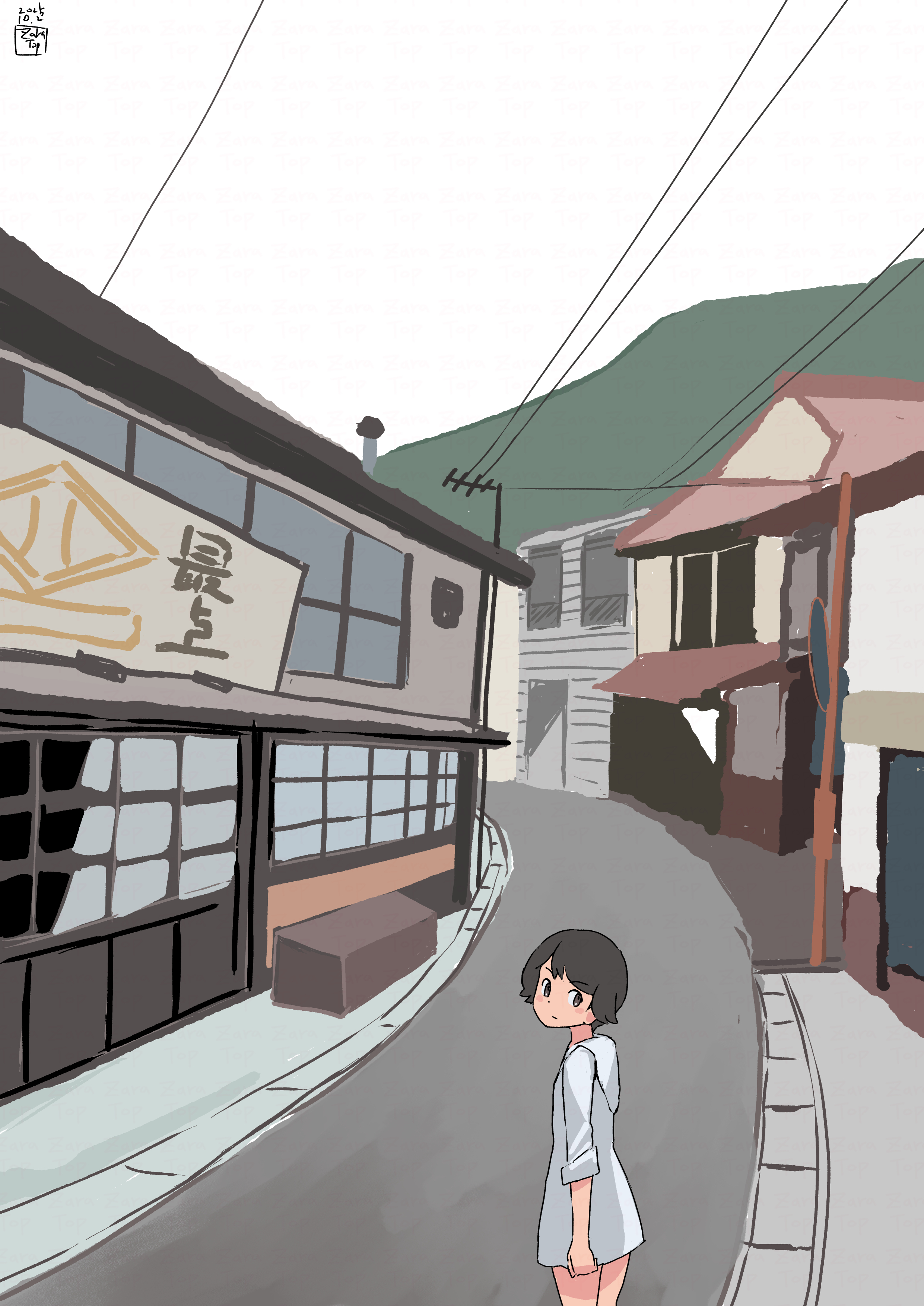 toplow, mogami (kancolle), kantai collection, absurdres, commentary request, highres, 1girl, black hair, feet out of frame, hood, hooded jacket, house, jacket, outdoors, power lines, road, scenery, shop, short hair, solo, street, utility pole, white jacket