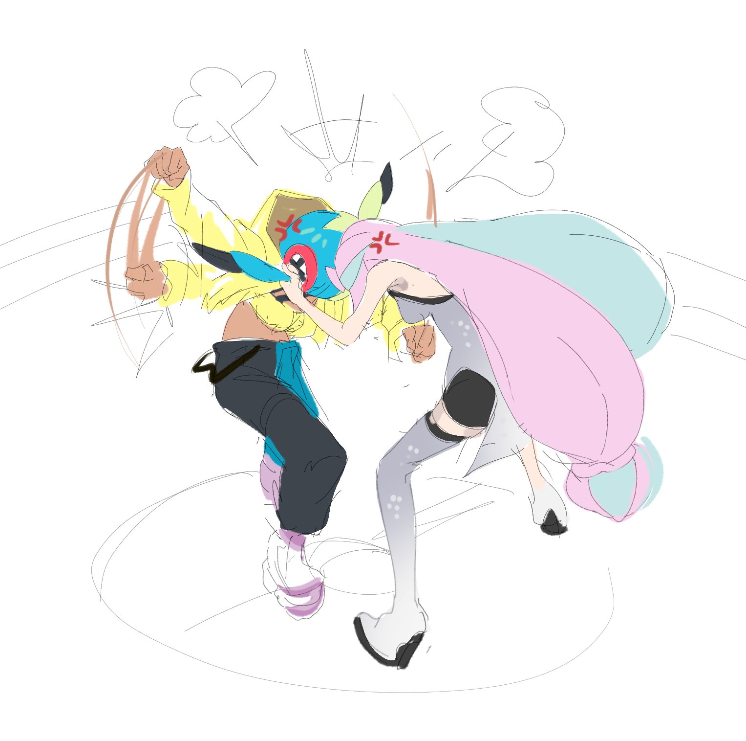 marnie (marnielovesyou), canari (pokemon), iono (pokemon), nintendo, pokemon, pokemon legends: z-a, pokemon sv, highres, 2girls, anger vein, blonde hair, blue hair, heads together, hexagon print, jacket, multicolored hair, multiple girls, pink hair, single leg pantyhose, split-color hair, two-tone hair, white background, yellow jacket