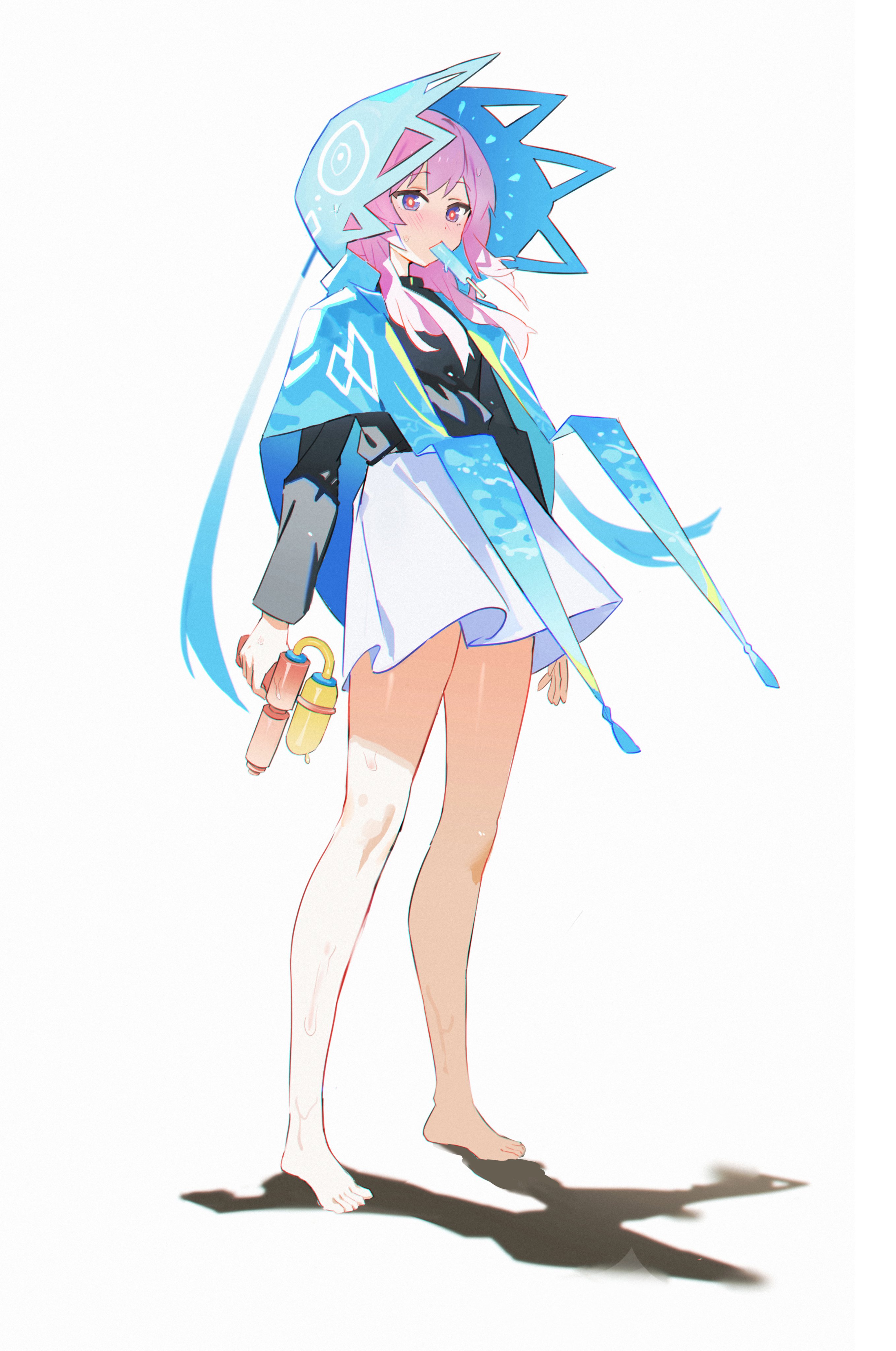 lastation14, kaf (kamitsubaki studio), kamitsubaki studio, absurdres, highres, aqua hood, barefoot, black shirt, blue eyes, full body, hood, hood up, long sleeves, low twintails, mouth hold, multicolored eyes, pink hair, red eyes, shadow, shirt, simple background, standing, twintails, two-tone eyes, virtual youtuber, water gun, white background, yellow pupils