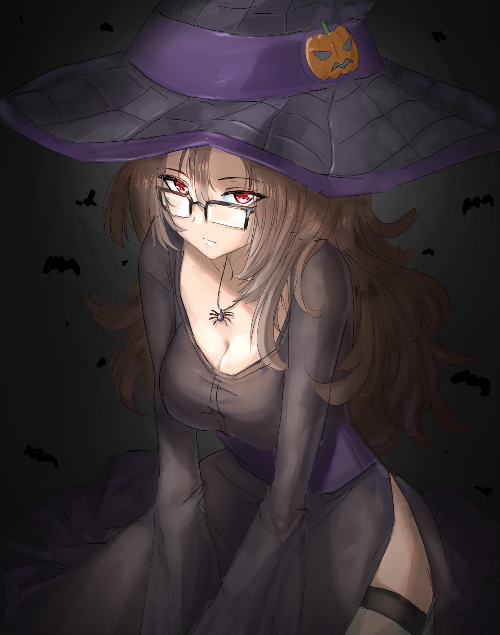 kiryuu moeka, science adventure, steins;gate, clothing request, highres, tagme, 1girl, breasts, brown hair, cleavage, collarbone, dress, expressionless, glasses, hair ornament, halloween, hat, jack-o'-lantern, jack-o'-lantern hair ornament, large breasts, long hair, looking at viewer, messy hair, optaku, red eyes, sitting, solo, spider necklace, thighhighs, very long hair, witch, witch hat