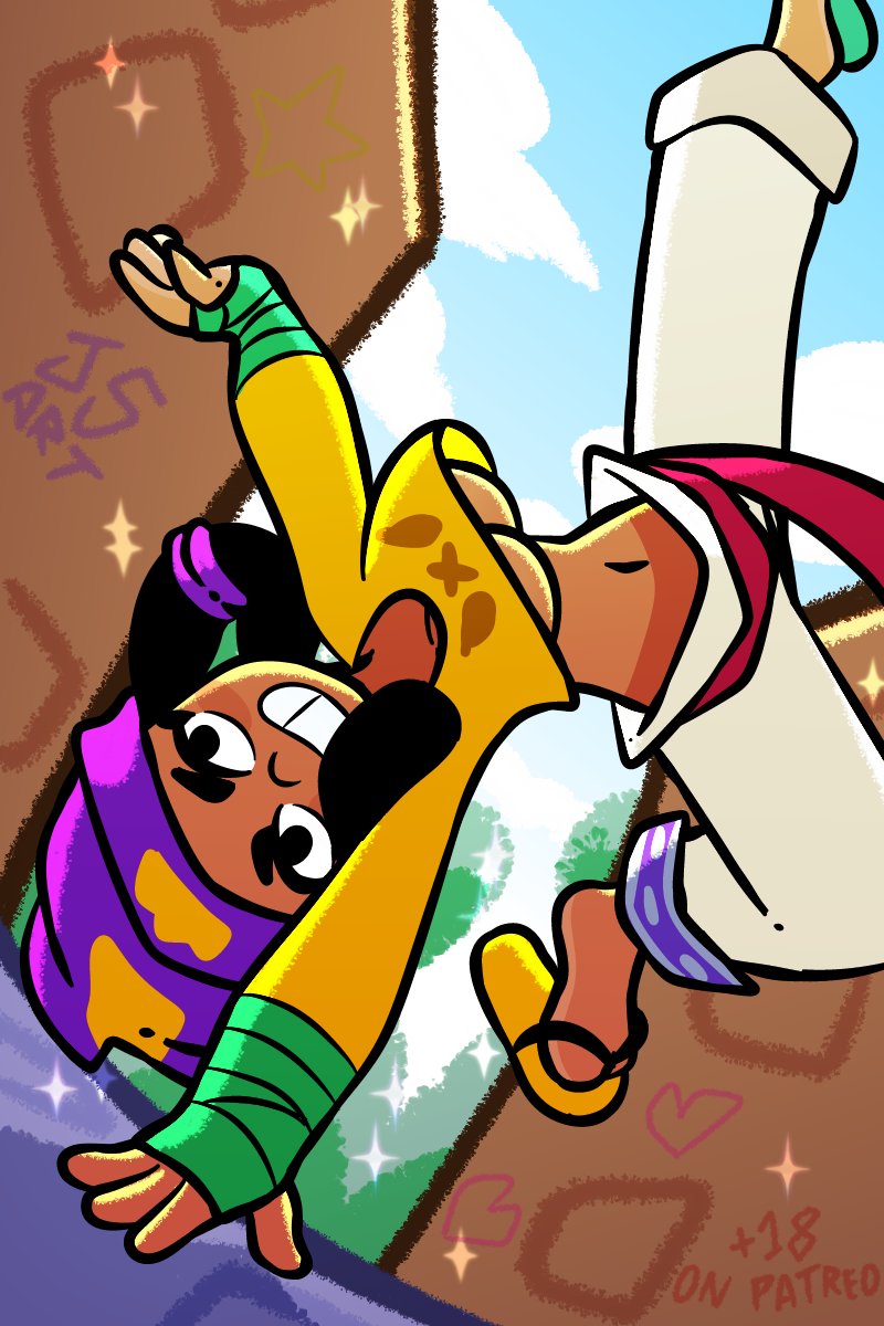 jsart12, mina (brawl stars), brawl stars, highres, brazil, breast slip, capoeira, dancing, dynamic pose, fighting stance, patreon username, simple background, smile