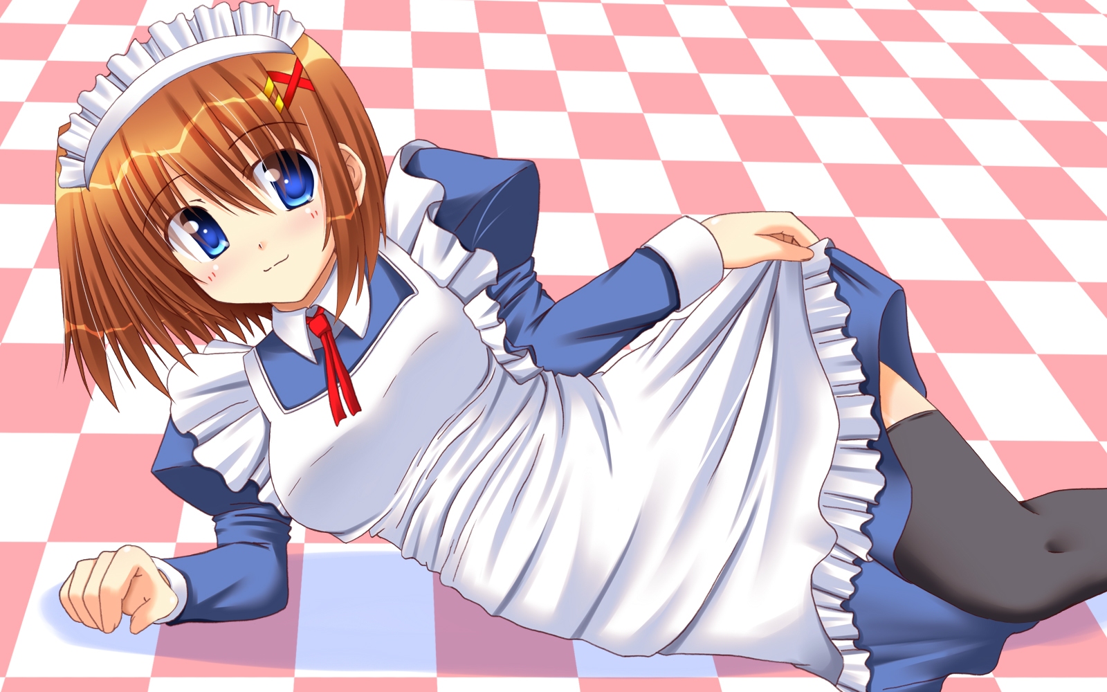 lask, yagami hayate, lyrical nanoha, mahou shoujo lyrical nanoha, mahou shoujo lyrical nanoha strikers, highres, 00s, 1girl, apron, black thighhighs, blue eyes, brown hair, clothes lift, dress, dress lift, female focus, hair ornament, hairband, lifting own clothes, maid, maid apron, short hair, smile, solo, thighhighs, x hair ornament