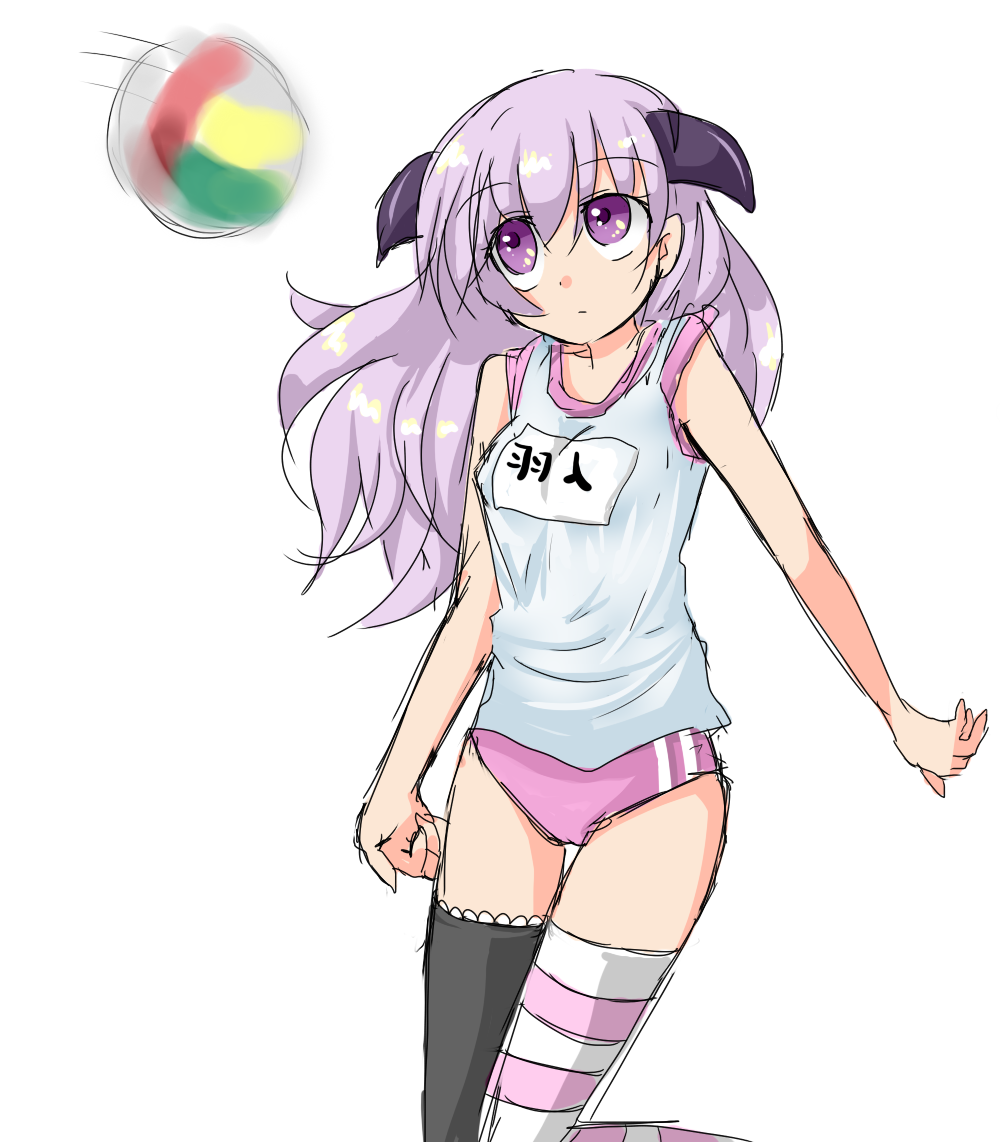nanase (ribonshitoron), hanyuu, higurashi no naku koro ni, bad id, bad pixiv id, 00s, asymmetrical legwear, ball, beachball, buruma, gym uniform, horns, long hair, mismatched legwear, pink buruma, purple eyes, sketch, solo, striped clothes, striped thighhighs, tank top, thighhighs