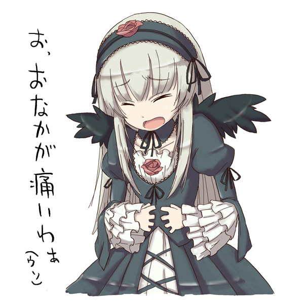 aka (s3637), suigintou, rozen maiden, silver hair, translated, 00s, closed eyes, dress, frills, hairband, long hair, solo, wings