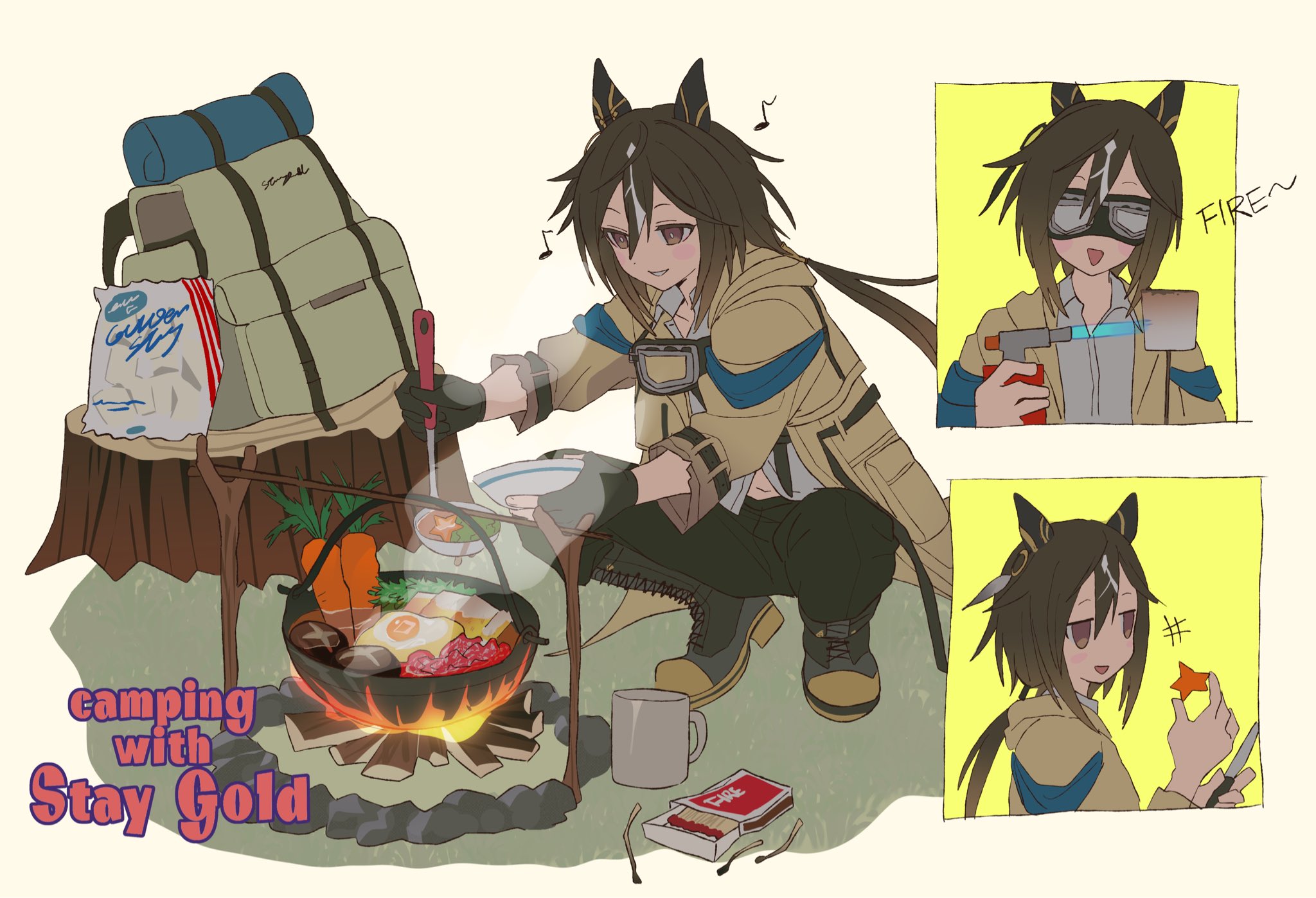 betti (xx betti), stay gold (umamusume), umamusume, highres, 1girl, animal ears, backpack, bag, blowtorch, brown eyes, brown hair, campfire, carrot, cooking, cup, ear covers, egg, full body, goggles, hair between eyes, holding, holding ladle, horse ears, horse girl, horse tail, hot, hotpot, ladle, long hair, matches, mug, multicolored hair, ponytail, shirt, solo, squatting, steam, streaked hair, tail, tree stump, white hair
