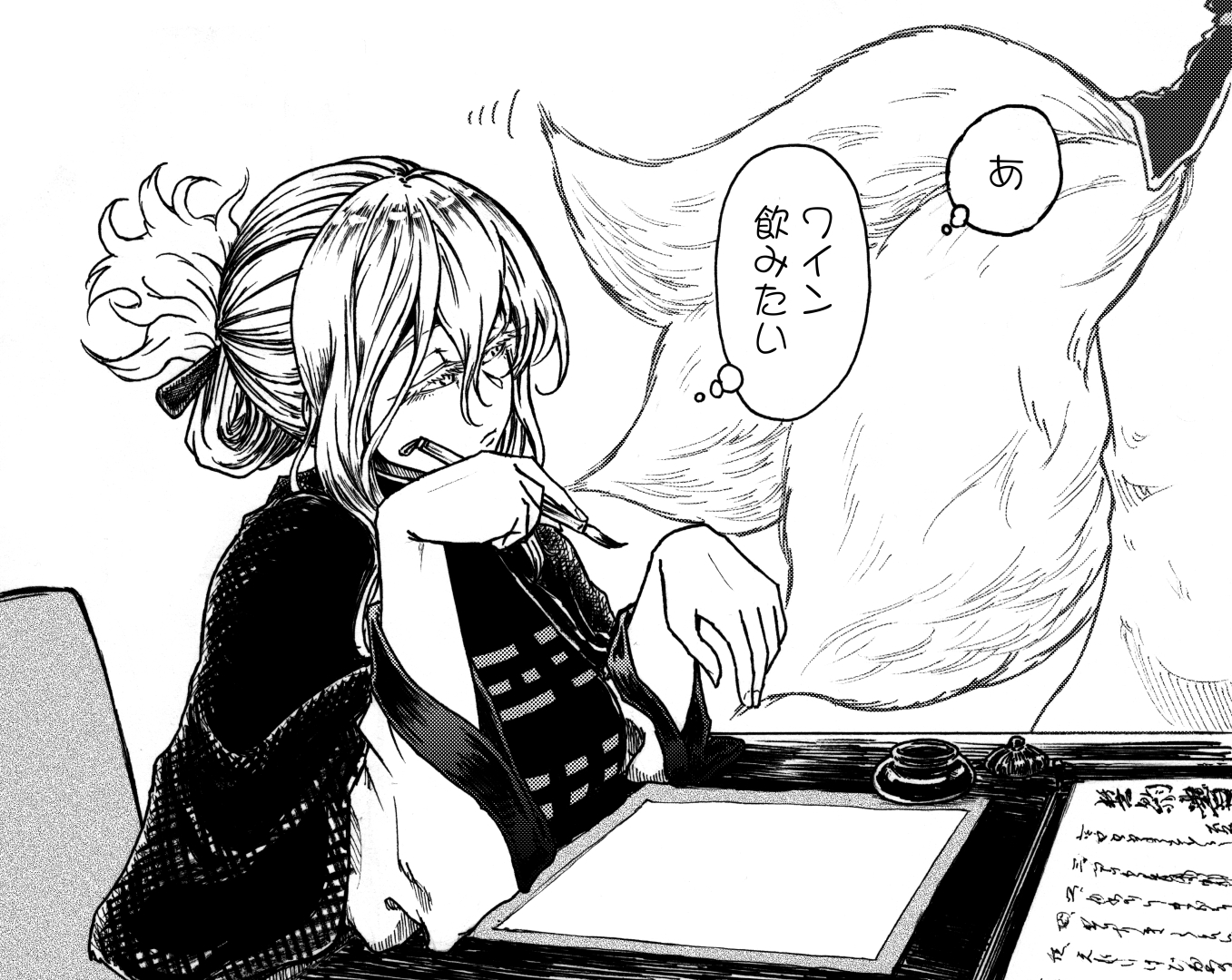 koyubi (littlefinger1988), yakumo ran, yakumo yukari, touhou, 2girls, alternate hairstyle, calligraphy brush, chair, coat, greyscale, hair ornament, hairclip, holding, holding pencil, ink, large tail, long sleeves, monochrome, multiple girls, multiple tails, on chair, paintbrush, paper, pencil, ponytail, tabard, table, tail, wide sleeves