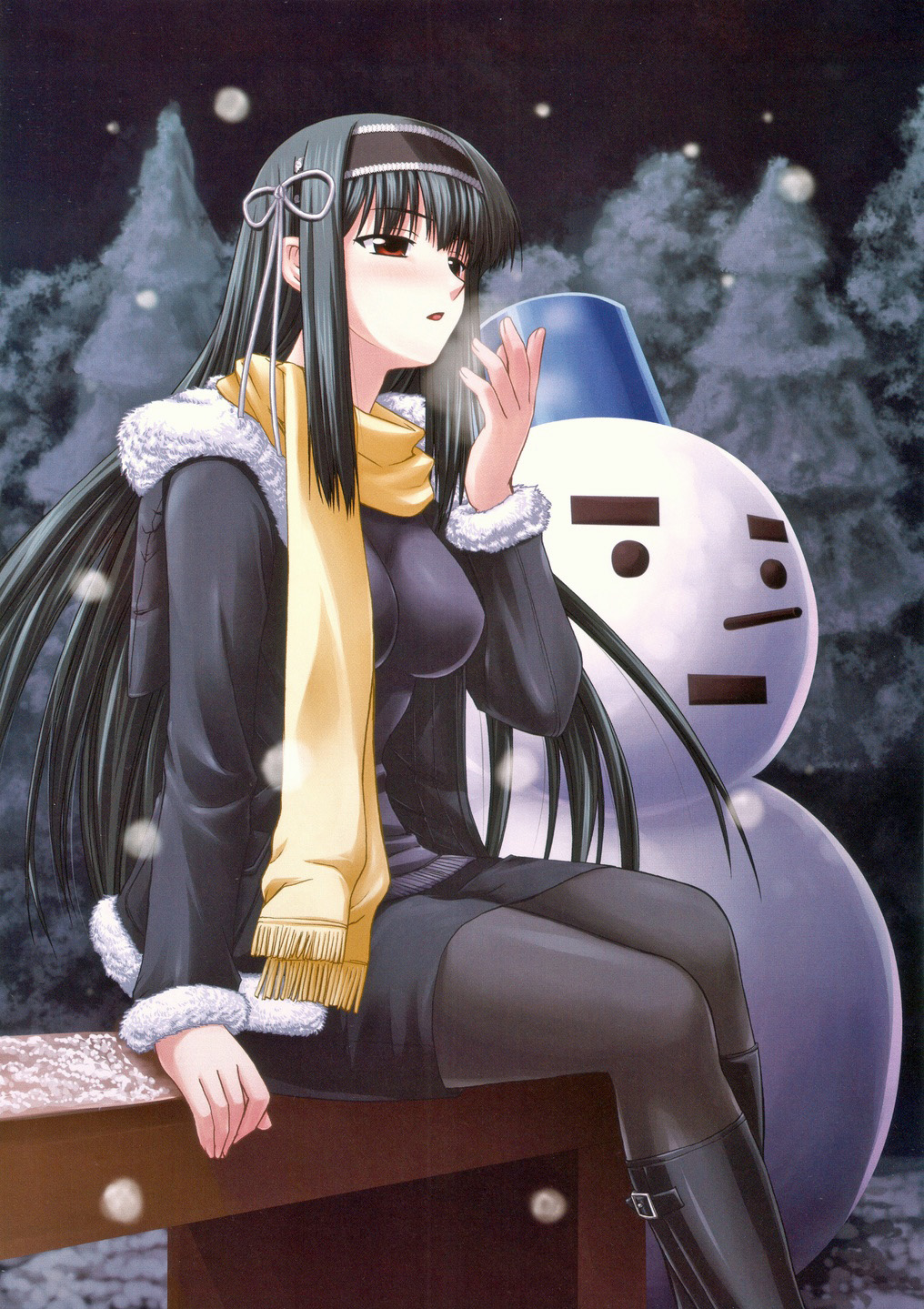 kuonji shinra, kimi ga aruji de shitsuji ga ore de, highres, 00s, 1girl, boots, breasts, breath, female focus, green hair, large breasts, long hair, pantyhose, red eyes, scarf, sitting, skirt, snow, snowman, solo