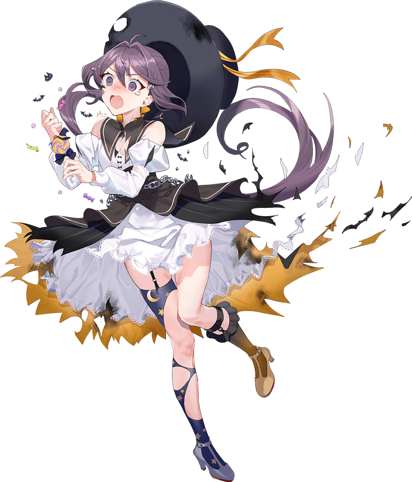 drew (drew213g), akebono (kancolle), kantai collection, official art, third-party source, 1girl, akebono (halloween) (kancolle), black hat, burnt clothes, candy, chain, corset, crescent print, cup, damaged, dress, food, full body, garter straps, grey shoes, halloween costume, hat, lollipop, long hair, mismatched shoes, one eye closed, orange shoes, purple eyes, purple hair, searchlight, shoes, side ponytail, single thighhigh, thighhighs, top hat, torn clothes, transparent background, white dress