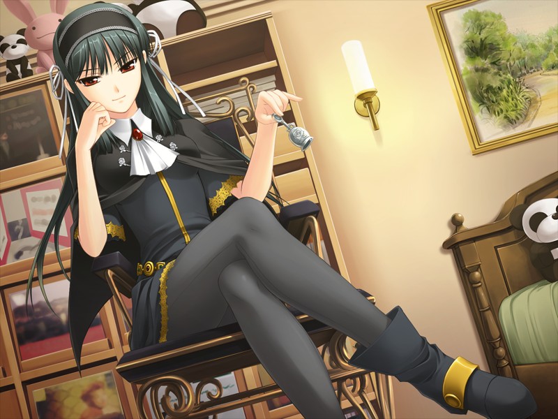 shironeko sanbou, kuonji shinra, kimi ga aruji de shitsuji ga ore de, lights, game cg, 00s, 1girl, ankle boots, ascot, bed, bell, belt, black pantyhose, boots, brooch, cape, chair, crossed legs, dress, dutch angle, female focus, green hair, hair ribbon, hairband, head rest, high collar, high heels, holding, indoors, jewelry, lace, lace-trimmed dress, lace trim, light smile, long hair, looking at viewer, pantyhose, photo (object), red eyes, ribbon, shoes, short dress, sidelocks, sitting, smile, solo, stuffed animal, stuffed panda, stuffed rabbit, stuffed toy