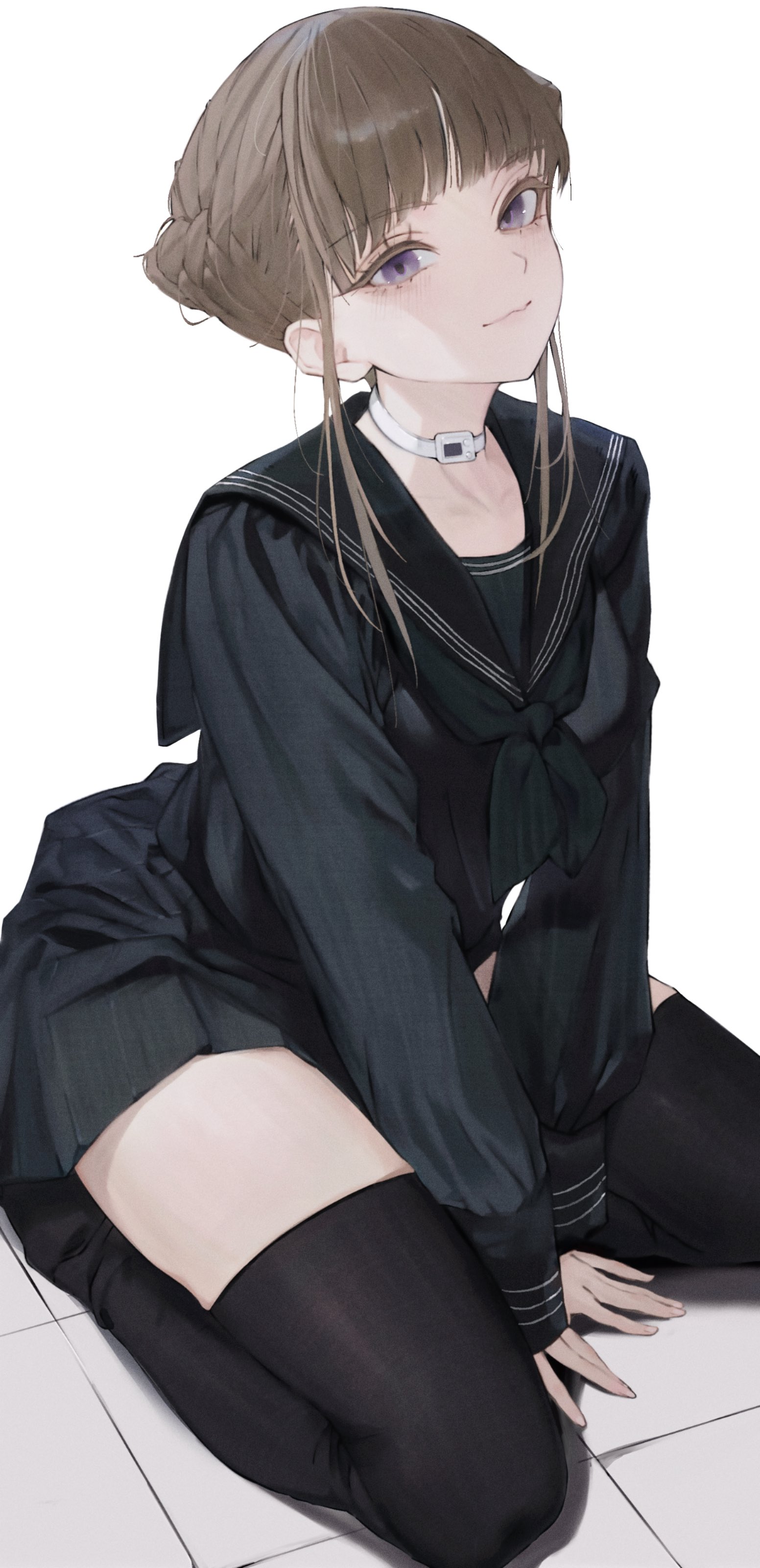 nagamerin, manaka nemu, euphoria (clockup), absurdres, highres, 1girl, black sailor collar, black serafuku, black skirt, black thighhighs, blunt bangs, braid, breasts, brown hair, choker, closed mouth, green neckerchief, half up braid, light smile, long sidelocks, long sleeves, looking at viewer, medium breasts, neckerchief, on floor, pleated skirt, purple eyes, sailor collar, school uniform, seiza, serafuku, sidelocks, simple background, sitting, skirt, sleeves past wrists, solo, thighhighs, tile floor, tiles, triple horizontal stripe, white background, white choker