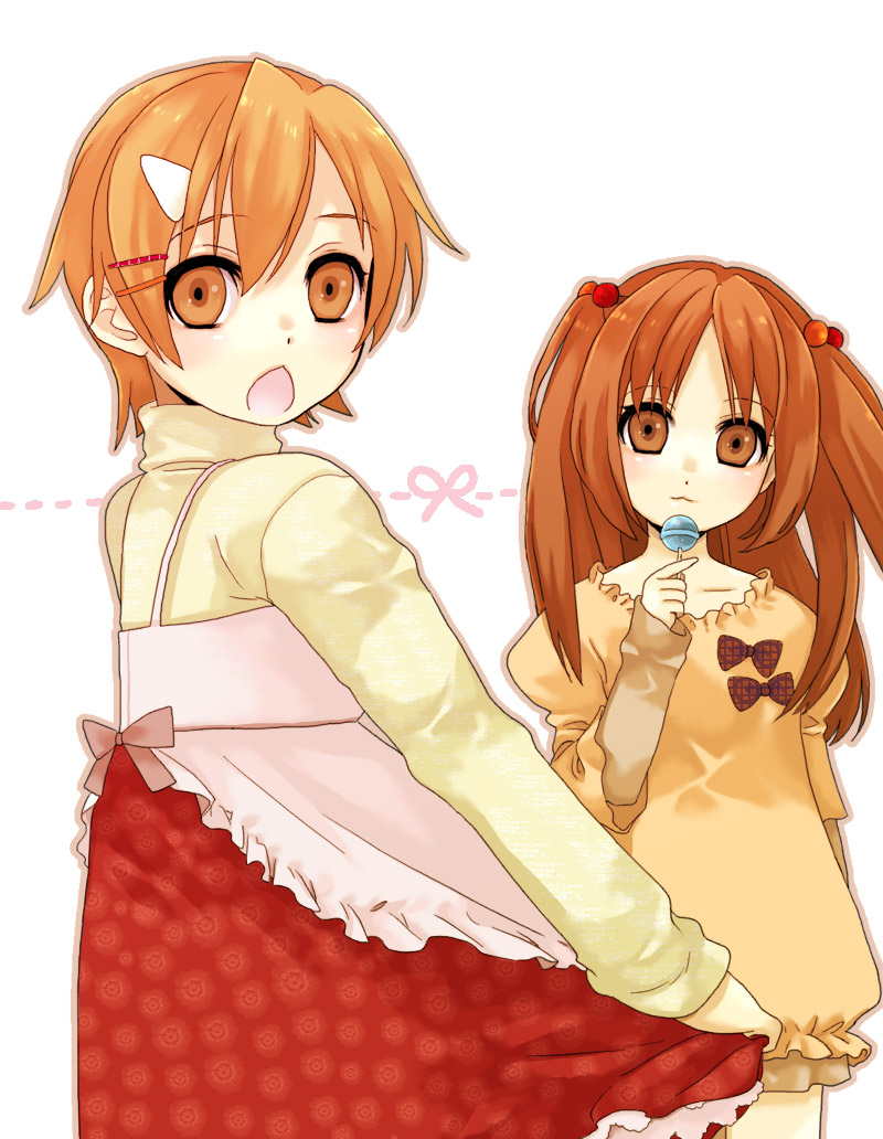 tomochi, mako-chan (minami-ke), makoto (minami-ke), uchida yuka, minami-ke, bad id, bad pixiv id, 00s, :3, brown eyes, brown hair, candy, dress, food, hair bobbles, hair ornament, hairclip, lollipop, long hair, looking back, short hair, trap