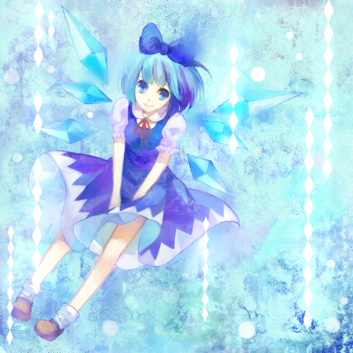 amemura, amemura (caramelo), cirno, embodiment of scarlet devil, touhou, bad id, bad pixiv id, 1girl, blue background, blue dress, blue eyes, blue hair, blue theme, bow, brown shoes, dress, female focus, hair bow, mary janes, matching hair/eyes, shoes, short hair, smile, socks, solo, white socks, wings