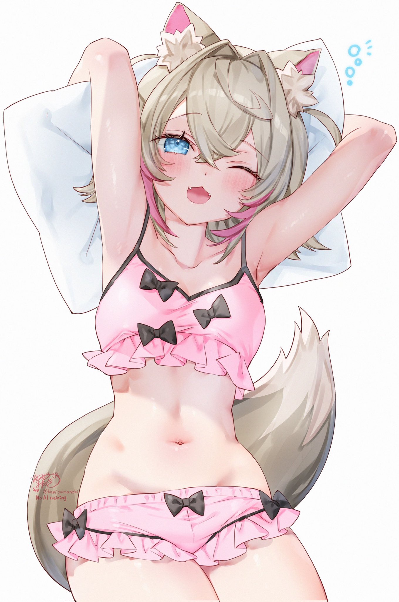 kamiya maneki, mococo abyssgard, hololive, hololive english, commentary, highres, 1girl, ;d, animal ear fluff, animal ears, armpits, arms behind head, arms up, blonde hair, blue eyes, breasts, crossed bangs, dog ears, dog girl, dog tail, double-parted bangs, frilled shorts, frills, hair between eyes, hair intakes, head on pillow, looking at viewer, lying, multicolored hair, navel, on back, one eye closed, open mouth, pillow, pink hair, pink shorts, short hair, short shorts, shorts, simple background, small breasts, smile, solo, stomach, streaked hair, tail, two side up, virtual youtuber, white background