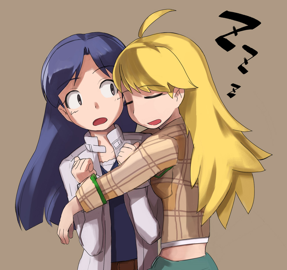 hirosato, hoshii miki, kisaragi chihaya, idolmaster, idolmaster (classic), idolmaster 1, 00s, 2girls, ahoge, blonde hair, blue hair, brown eyes, hug, long hair, multiple girls, sleeping