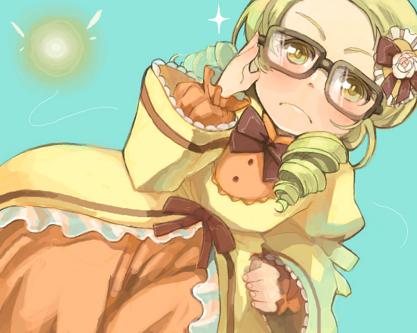 minami (qibara), kanaria, rozen maiden, 00s, dress, drill hair, frills, glasses, green eyes, green hair, hair ornament, oekaki, solo