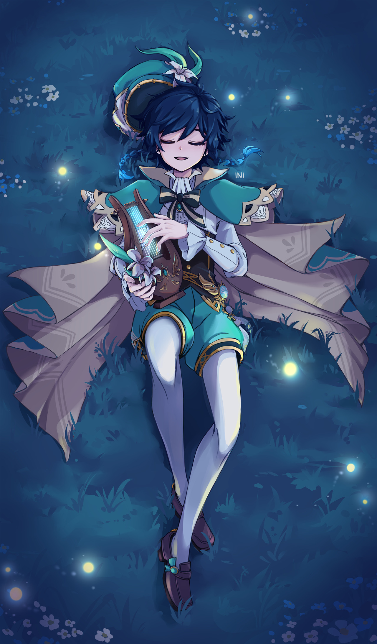 inimoose, venti (genshin impact), genshin impact, highres, 1boy, androgynous, beret, black hair, blue hair, bow, braid, cape, closed eyes, fireflies, flower, gradient hair, grass, hat, instrument, long sleeves, lying, lyre, male focus, multicolored hair, on back, on grass, pantyhose, puffy shorts, shirt, shoes, shorts, side braids, smile, solo, twin braids, white flower, white pantyhose, white shirt