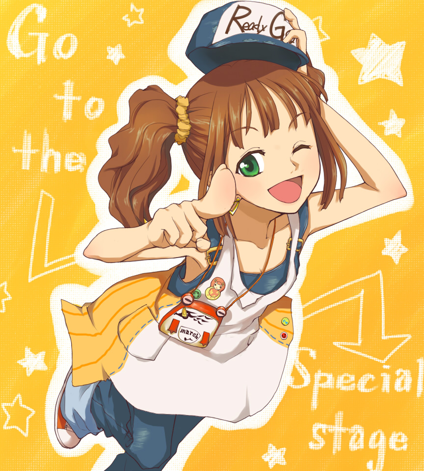 sei-teki, takatsuki yayoi, idolmaster, idolmaster (classic), idolmaster 1, 00s, 1girl, badge, baseball cap, brown hair, button badge, female focus, green eyes, hat, one eye closed, overalls, pointing, pouch, short hair, solo, twintails, wink