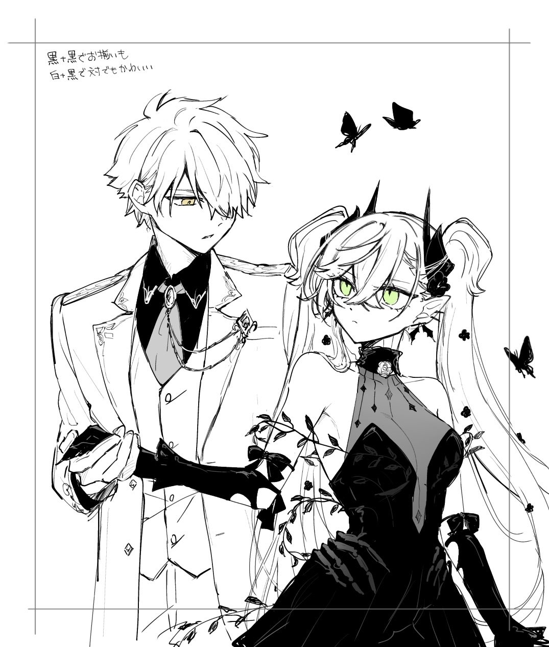 mo (aabx315), galahad (fate), lilith (celebratory attire) (fate), lilith (fate), fate/grand order, fate (series), highres, 1boy, 1girl, bare shoulders, black dress, breasts, bug, butterfly, demon horns, detached sleeves, dress, formal clothes, green eyes, greyscale, horns, insect, large breasts, limited palette, long hair, looking at viewer, monochrome, short hair, suit, twintails, yellow eyes