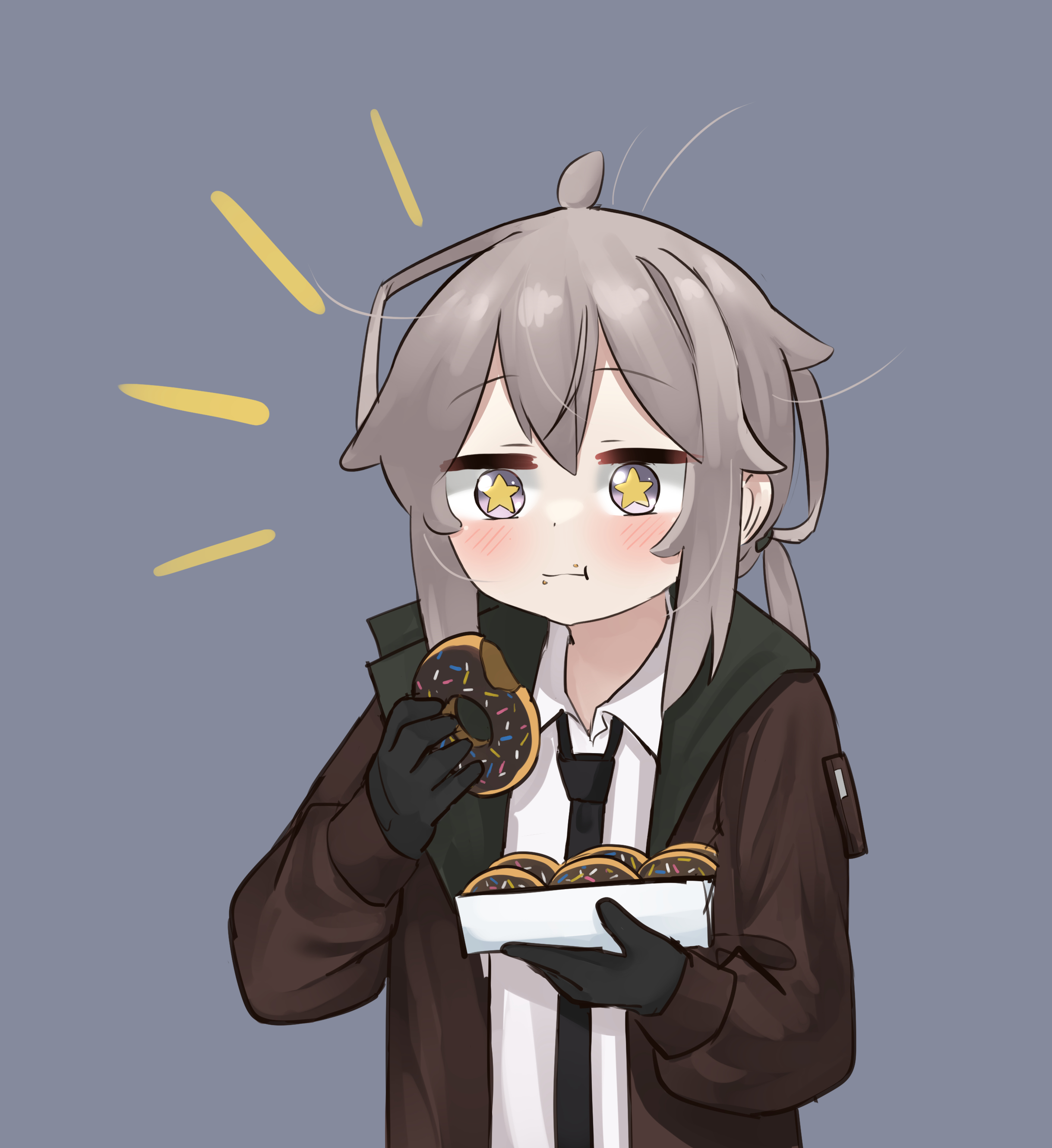 pepsi2330, m200 (girls' frontline), girls' frontline, absurdres, highres, 1girl, ahoge, black gloves, collared shirt, donut, eating, food, gloves, hair between eyes, jacket, necktie, open clothes, open jacket, ponytail, shirt, white shirt