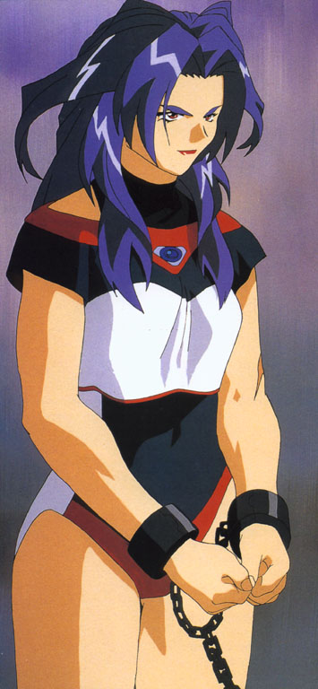 mylandah arkar walder, battle athletes, 1990s (style), 1girl, blue hair, breasts, chain, female focus, long hair, medium breasts, red eyes, retro artstyle, solo