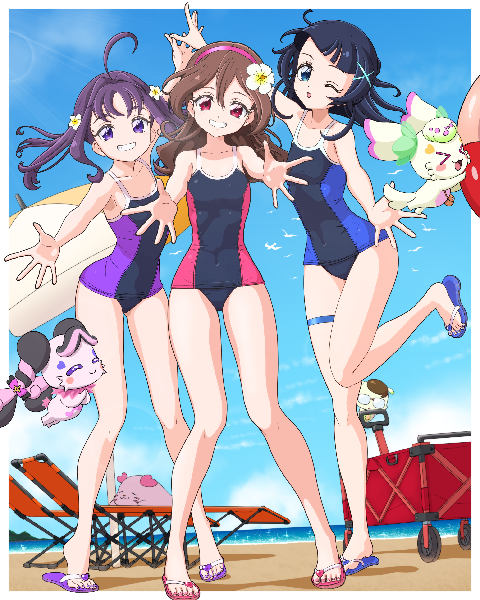bechamel, aokaze nana, sakura uta (precure), shigure kokoro, kimi to idol precure, precure, absurdres, commission, highres, pixiv commission, 3girls, ;d, ahoge, arm up, bare legs, beach, black hair, blue eyes, blue one-piece swimsuit, blue sky, blunt bangs, brown hair, collarbone, covered navel, day, flat chest, floating hair, flower, grin, hair flower, hair intakes, hair ornament, hairband, long hair, looking at viewer, meroron (fairy) (precure), multiple girls, ocean, one-piece swimsuit, one eye closed, open mouth, outdoors, outstretched arms, outstretched hand, parasol, purirun (fairy) (precure), purple eyes, purple hair, purple one-piece swimsuit, red eyes, red hairband, red one-piece swimsuit, sky, smile, summer, swimsuit, thigh strap, two-tone one-piece swimsuit, umbrella, white flower, x hair ornament